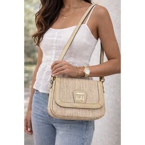 Sarah Violet Straw Woven Crossbody Bag Tan Patent Trim Small Summer Purse